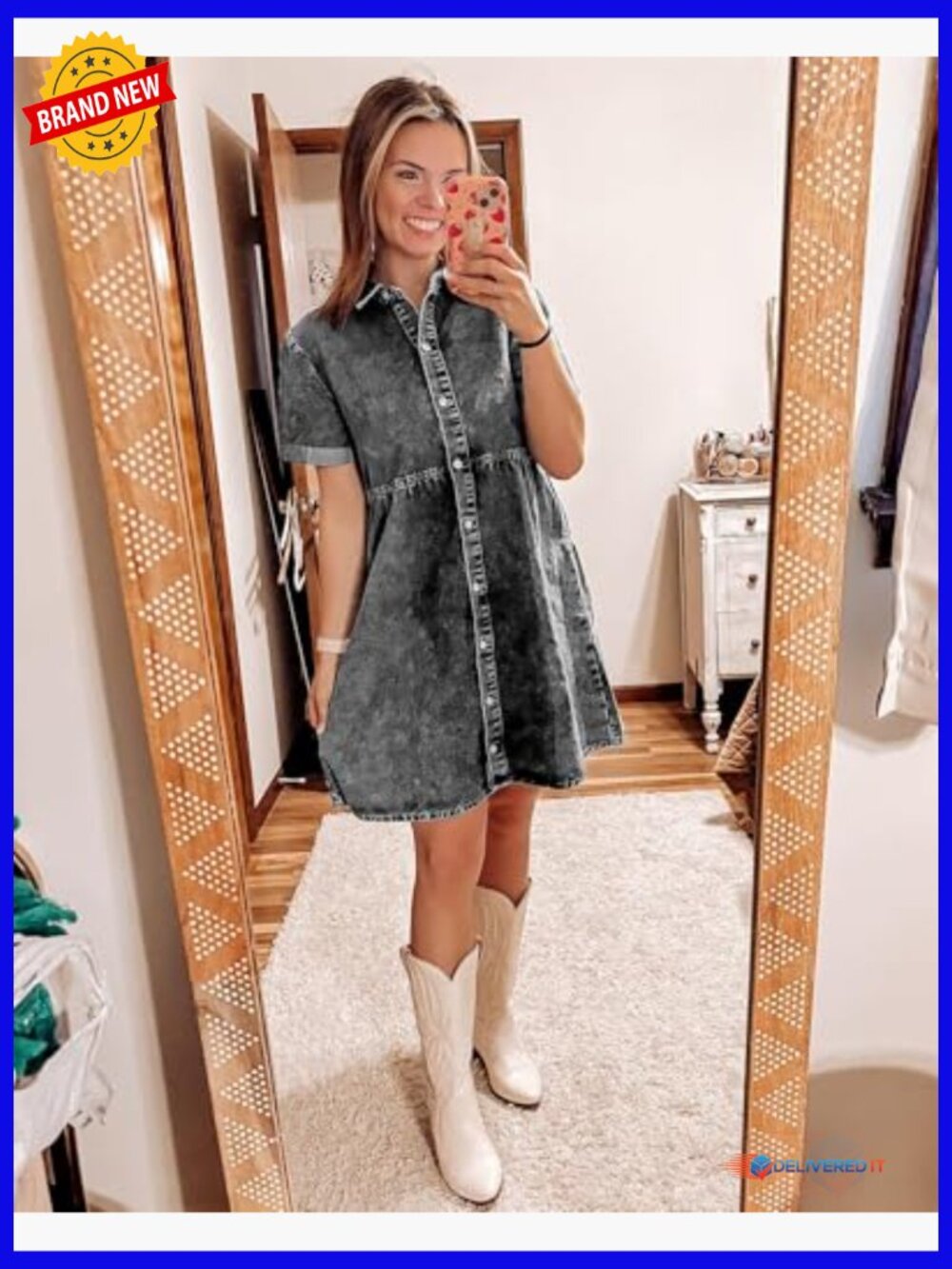 Denim Babydoll Tiered Swing Dress, Short Sleeve, Button Down, Cotton Blend - Picture 5 of 7